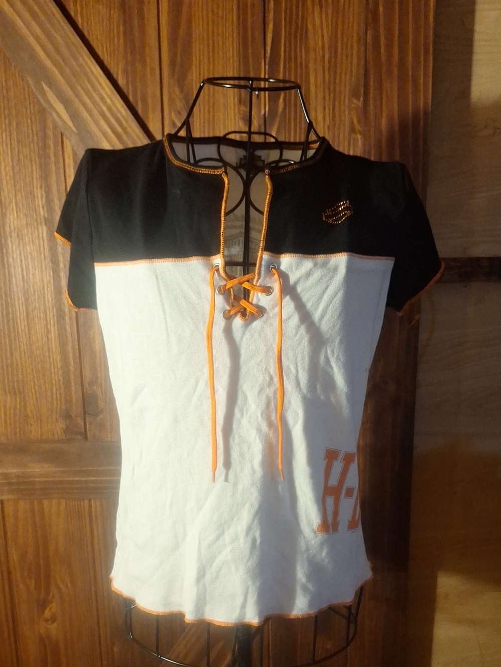 Harley-Davidson Black, White and Orange Lace-Up Short Sleeve Top